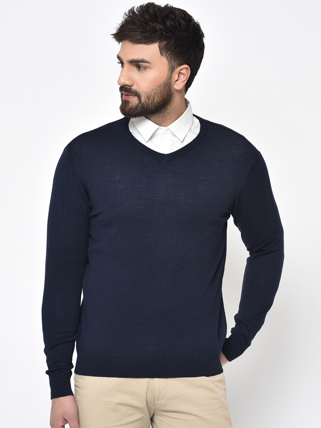 

ARMISTO Men Navy Blue Solid Pure Merino Wool Pullover