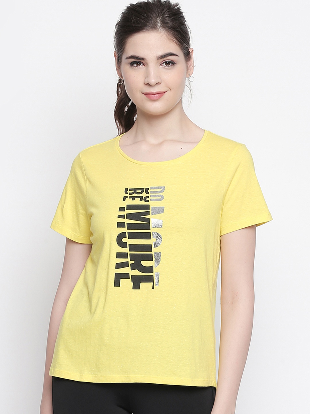 

Ajile by Pantaloons Women Yellow Printed Round Neck Pure Cotton T-shirt
