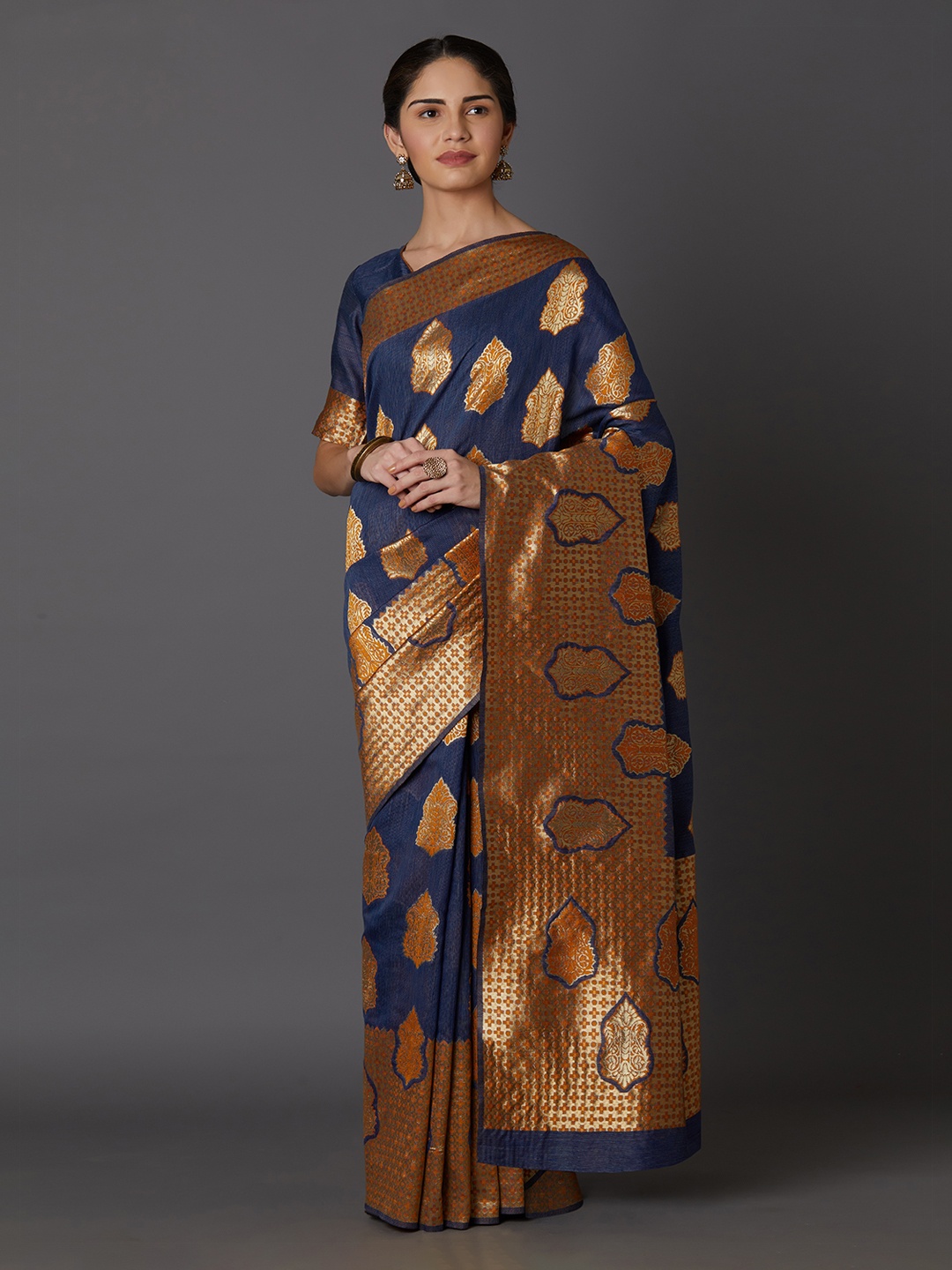 

Mitera Navy Blue & Golden Woven Design Kanjeevaram Saree