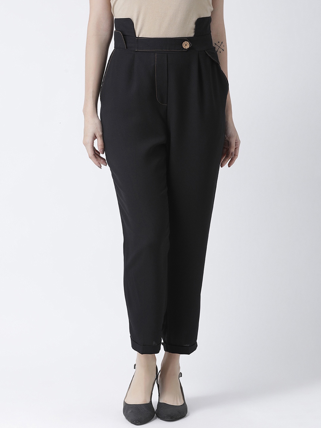 KASSUALLY Women Black Regular Fit Solid Regular Trousers
