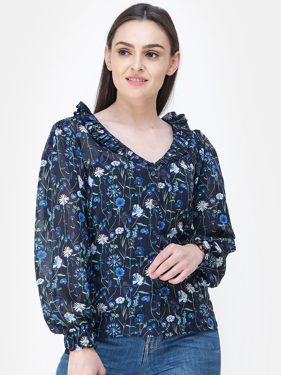

Cation Women Navy Blue Regular Fit Printed Casual Shirt