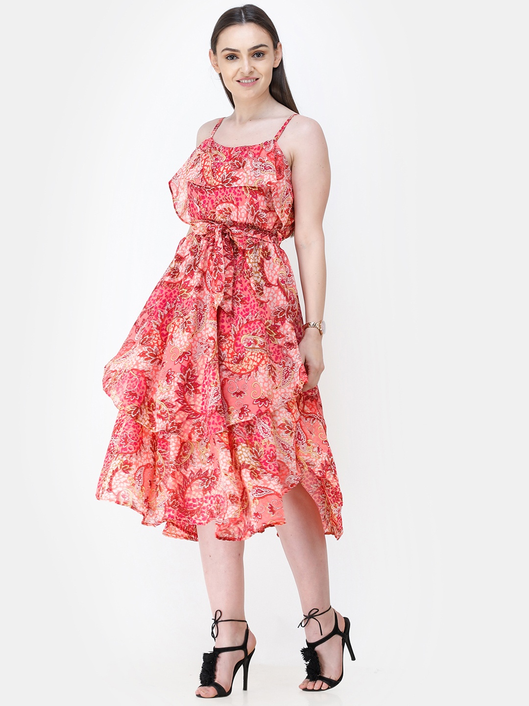 

Cation Women Coral Pink Printed Empire Dress