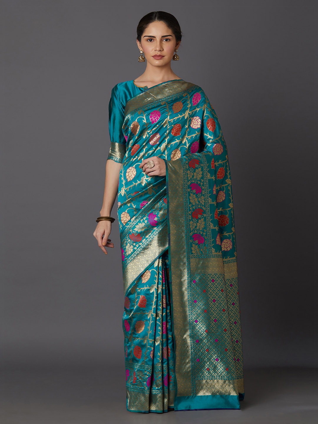 

Mitera Blue & Pink Woven Design Kanjeevaram Saree