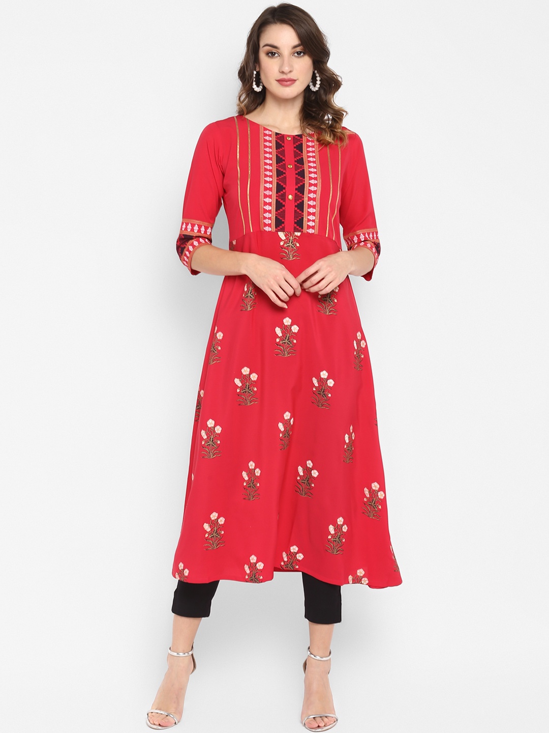 

Janasya Women Red Printed A-Line Kurta