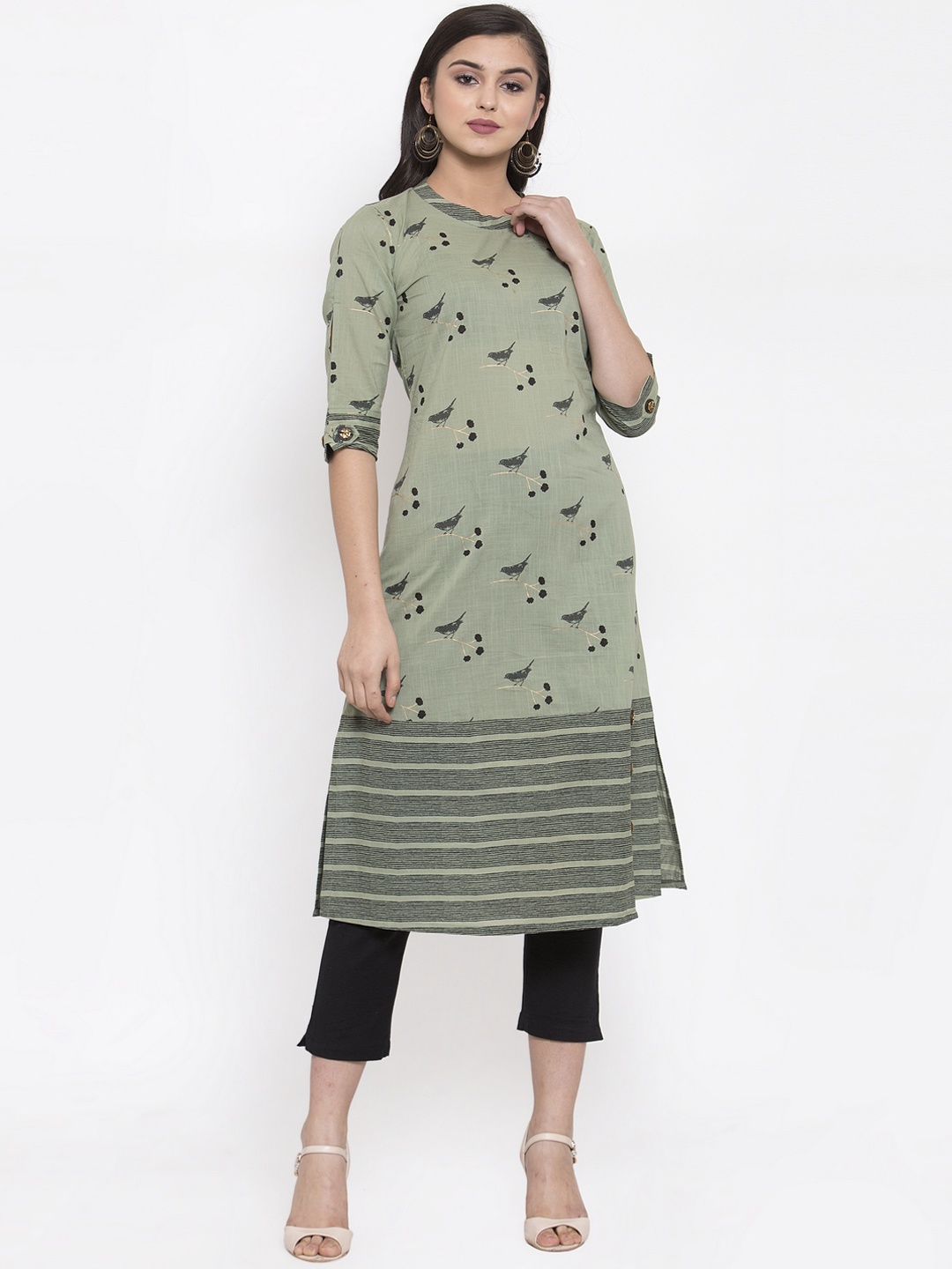 

Indibelle Women Green Bird Print Straight Kurta