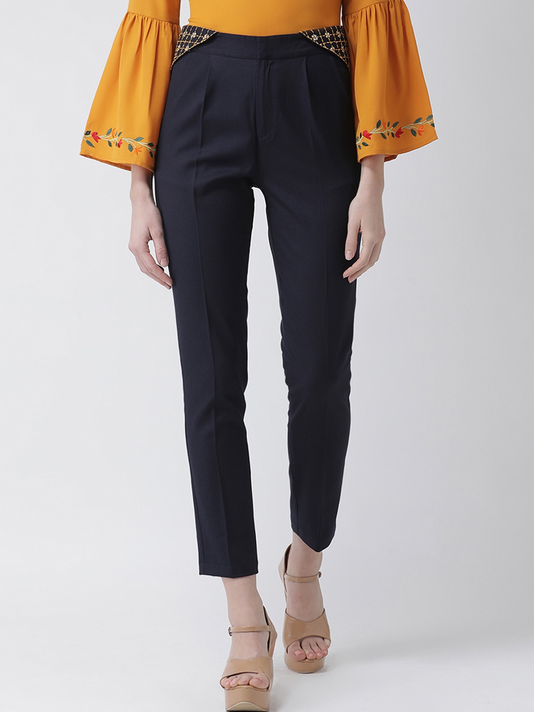 

KASSUALLY Women Navy Blue Regular Fit Solid Cigarette Trousers