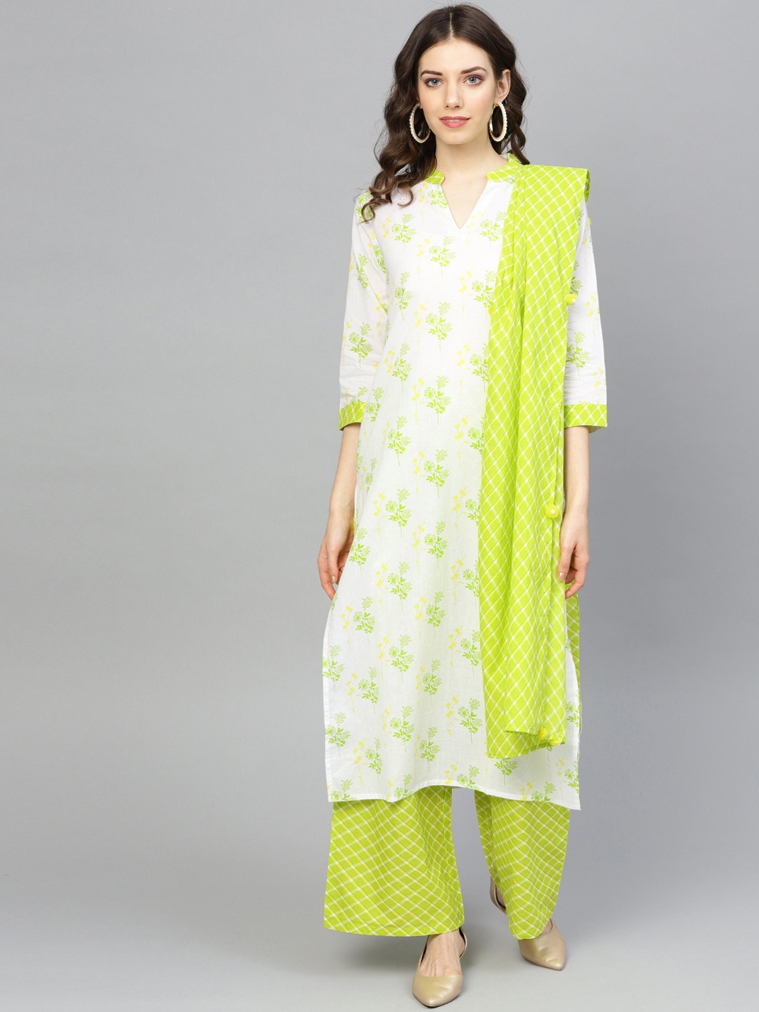

Yuris Women White & Lime Green Printed Kurta with Palazzos