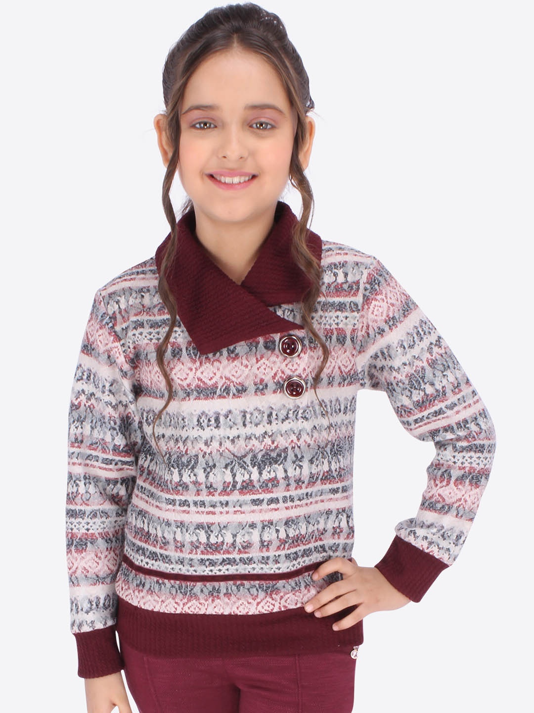 

CUTECUMBER Girls Off-White & Maroon Self Design Top