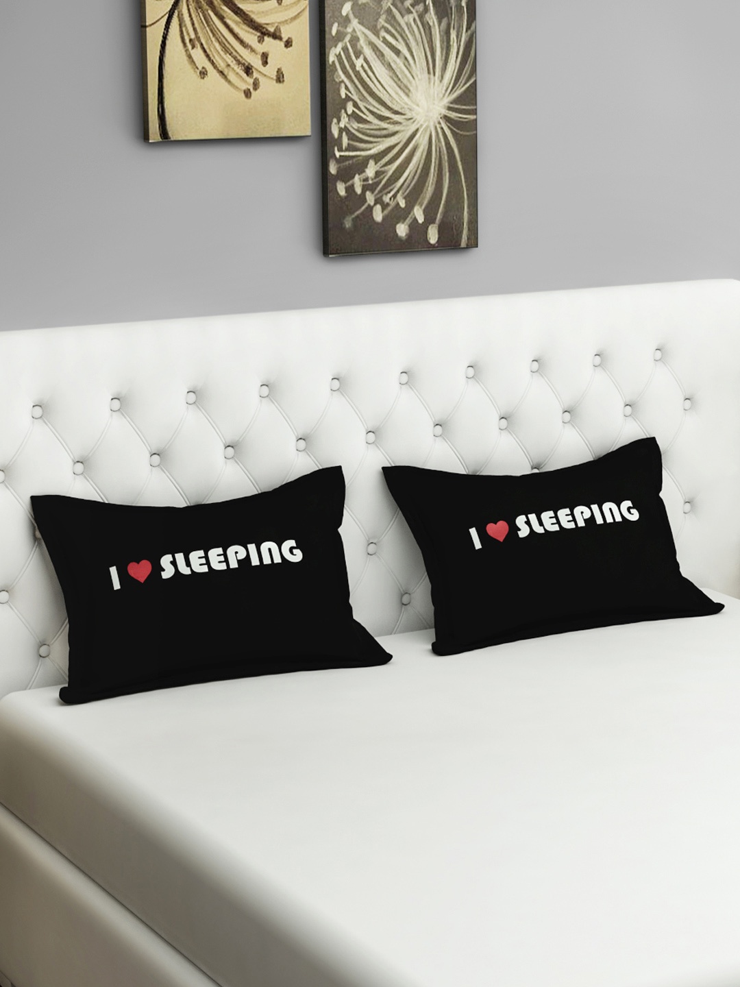 SWAYAM Set of 2 Black I Love Sleeping Graffiti Pillow Covers