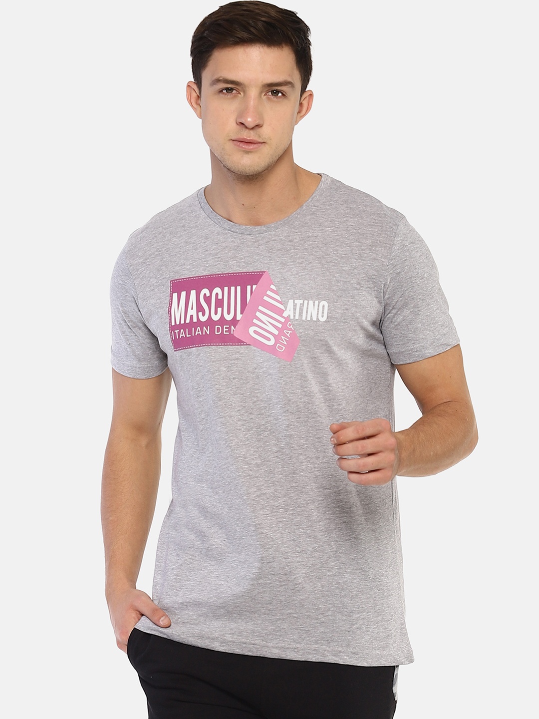

Masculino Latino Men Grey Melange Printed Round Neck T-shirt