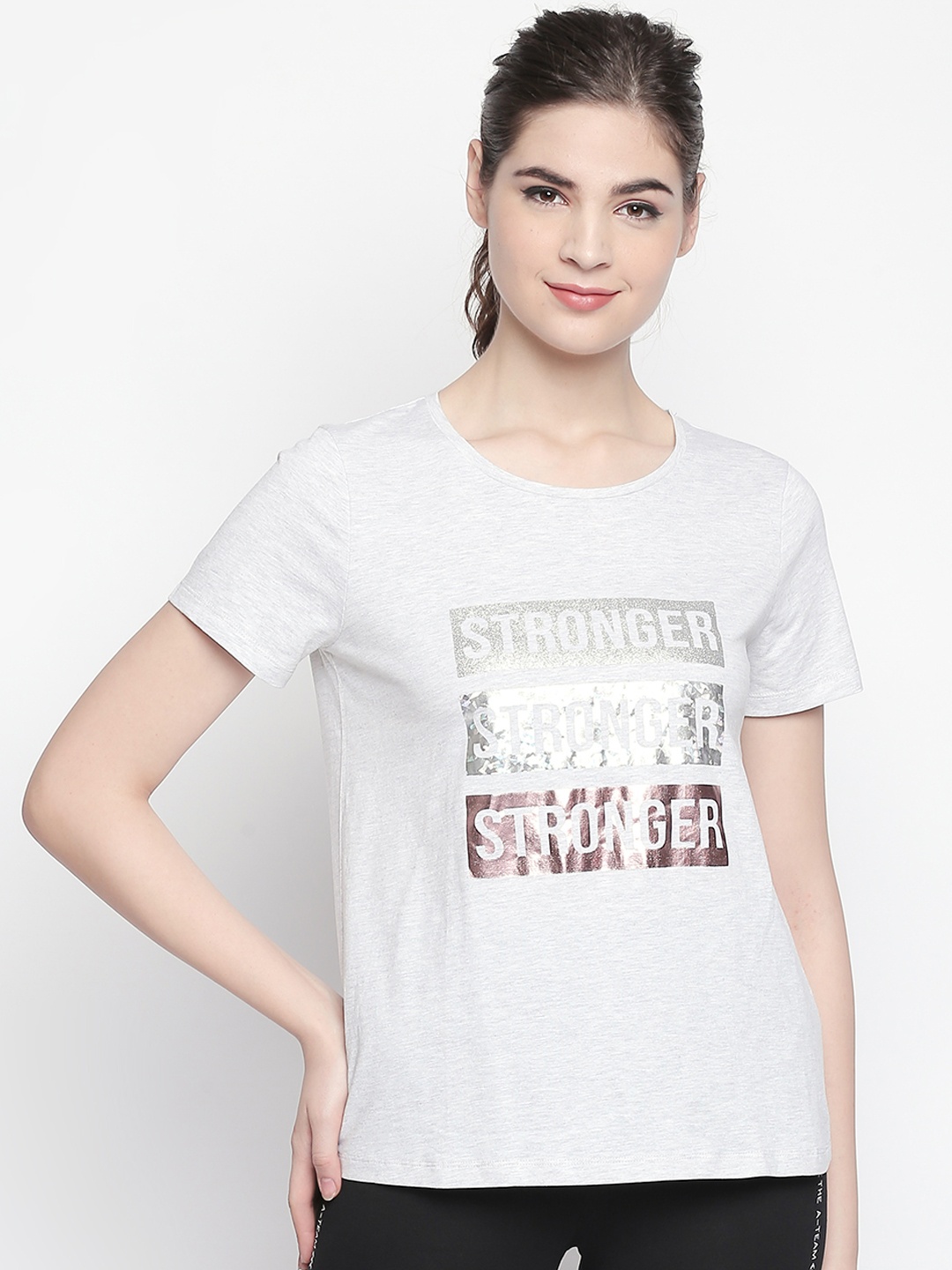 

Ajile by Pantaloons Women Grey Melange Printed Round Neck Pure Cotton T-shirt