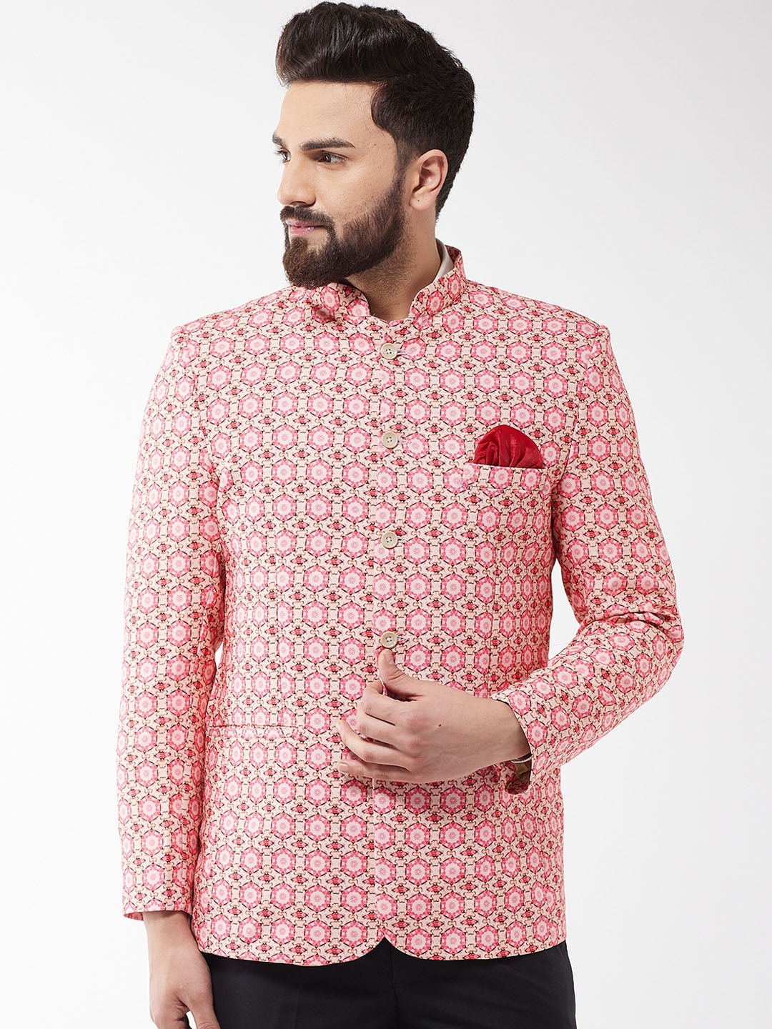 

SOJANYA Men Peach-Coloured & Pink Printed Bandhgala Blazer