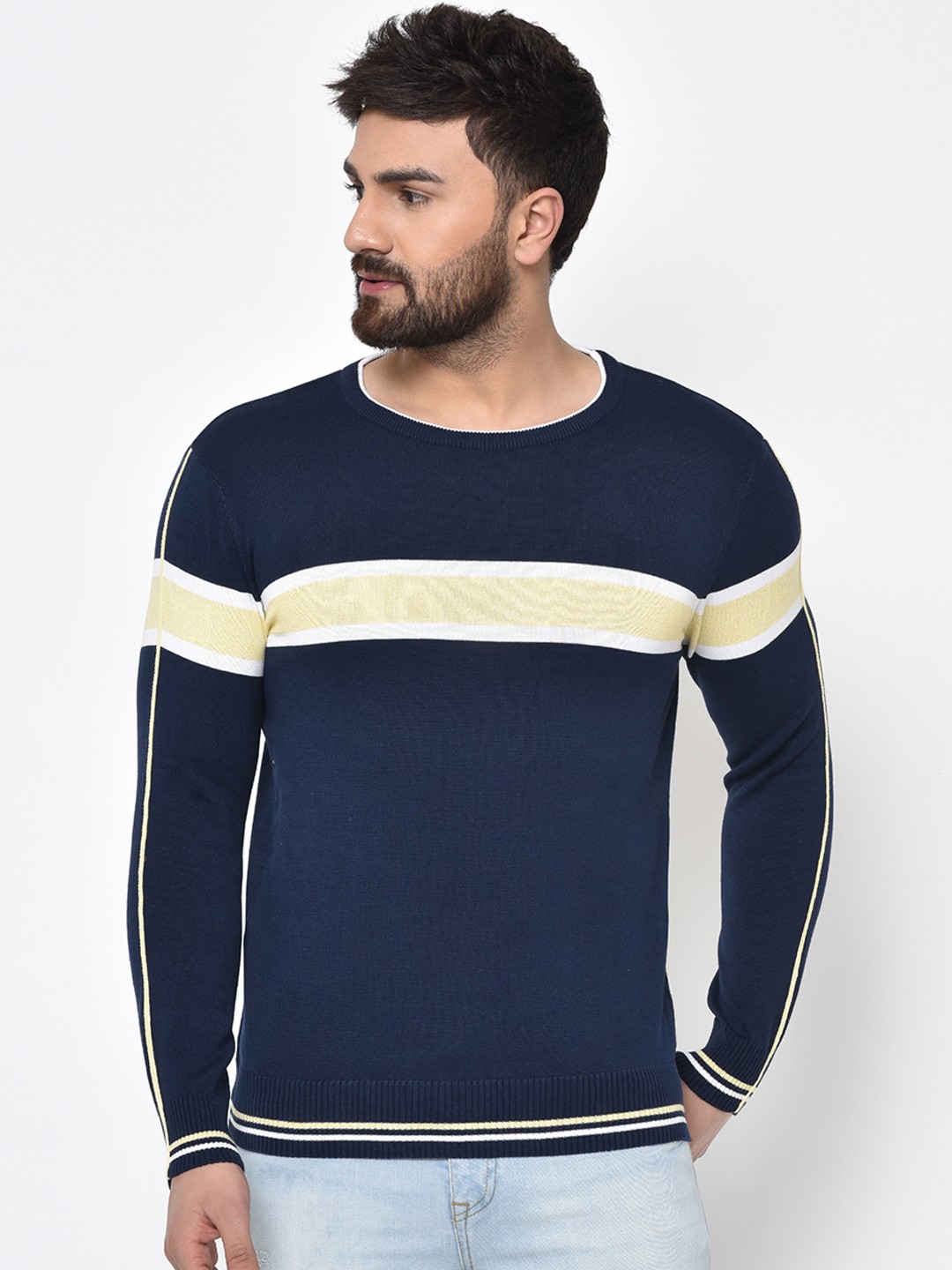 

ARMISTO Men Navy Blue & Yellow Colourblocked Pullover Sweater