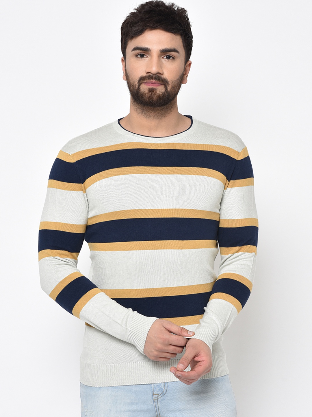

ARMISTO Men Off-White & Navy Striped Pullover