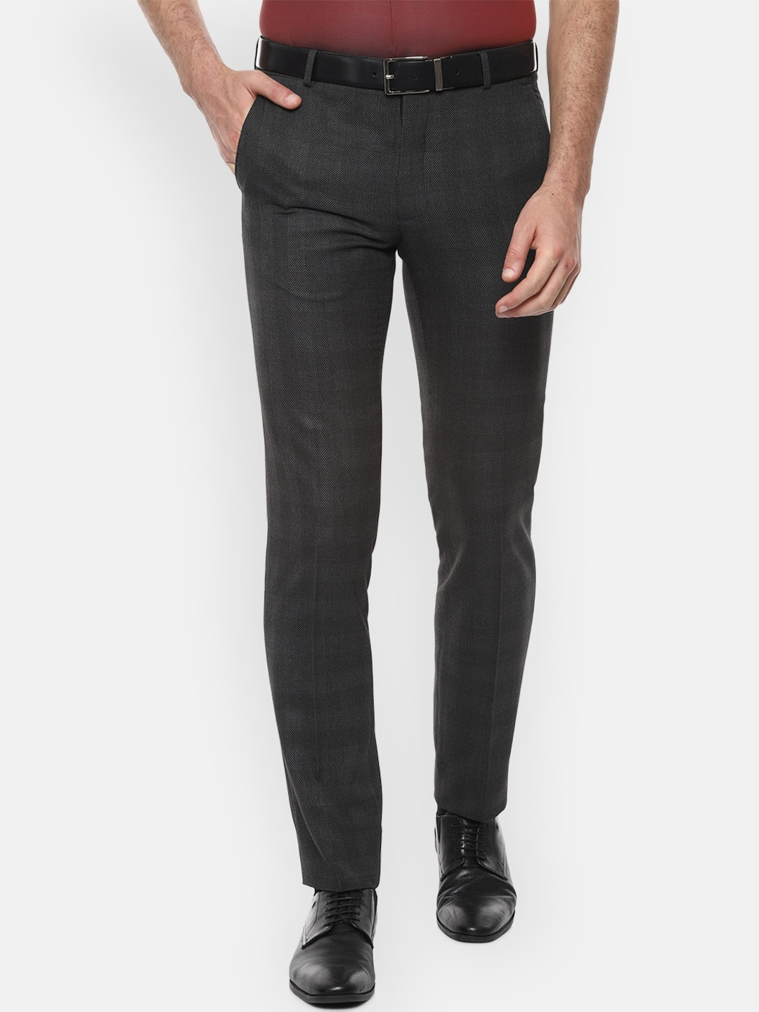 Van Heusen Men Grey Slim Fit Checked Formal Trousers