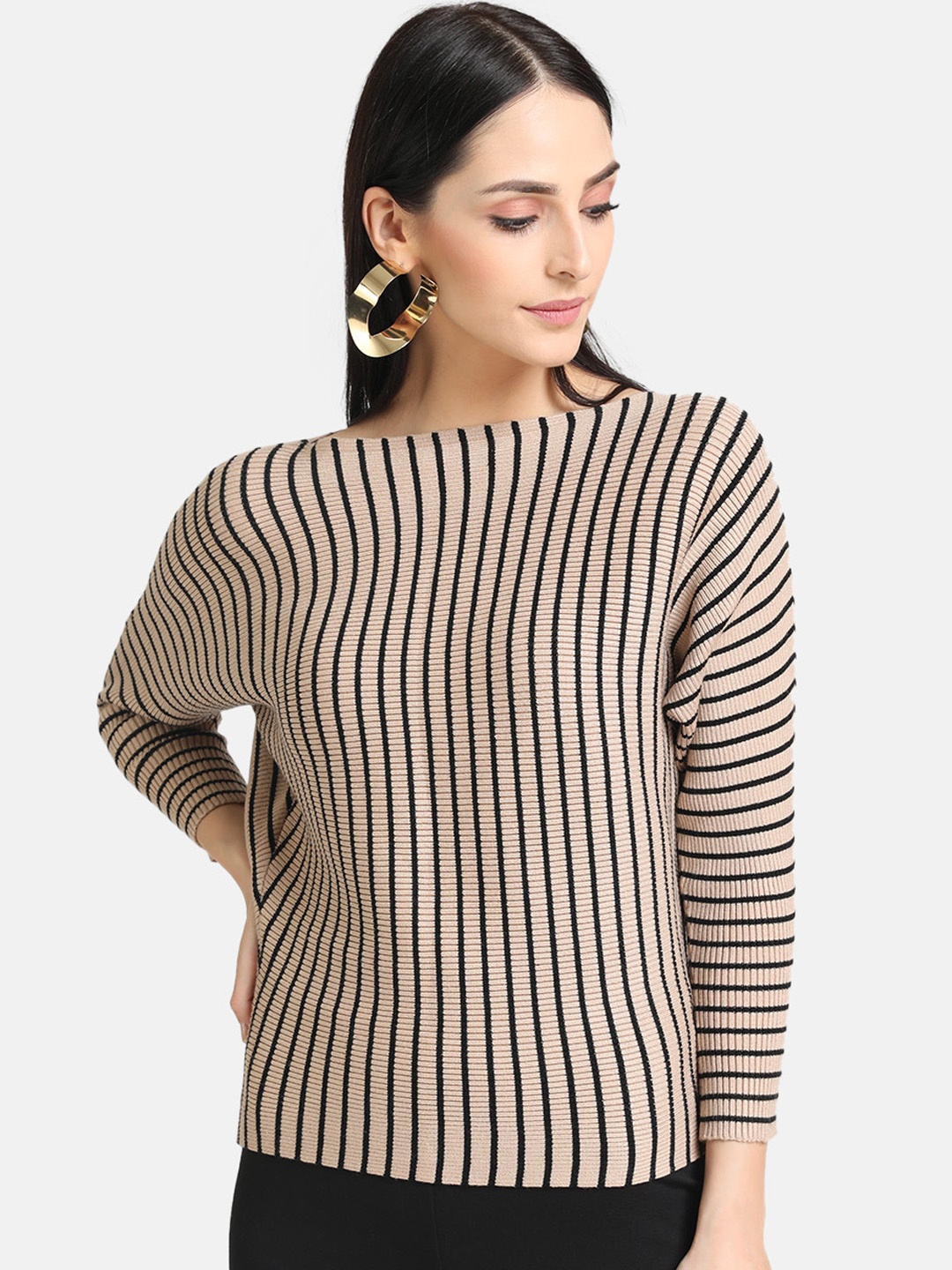

Kazo Women Beige & Black Striped Pullover