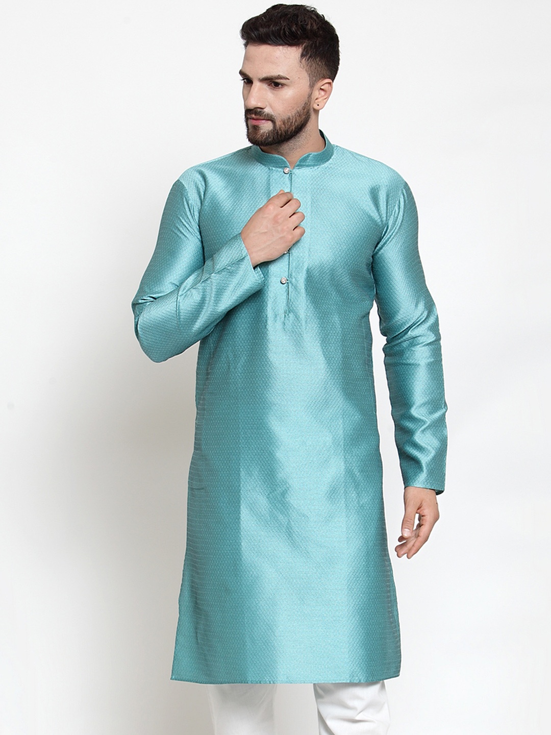 

Jompers Men Turquoise Blue Solid Woven Design Straight Kurta
