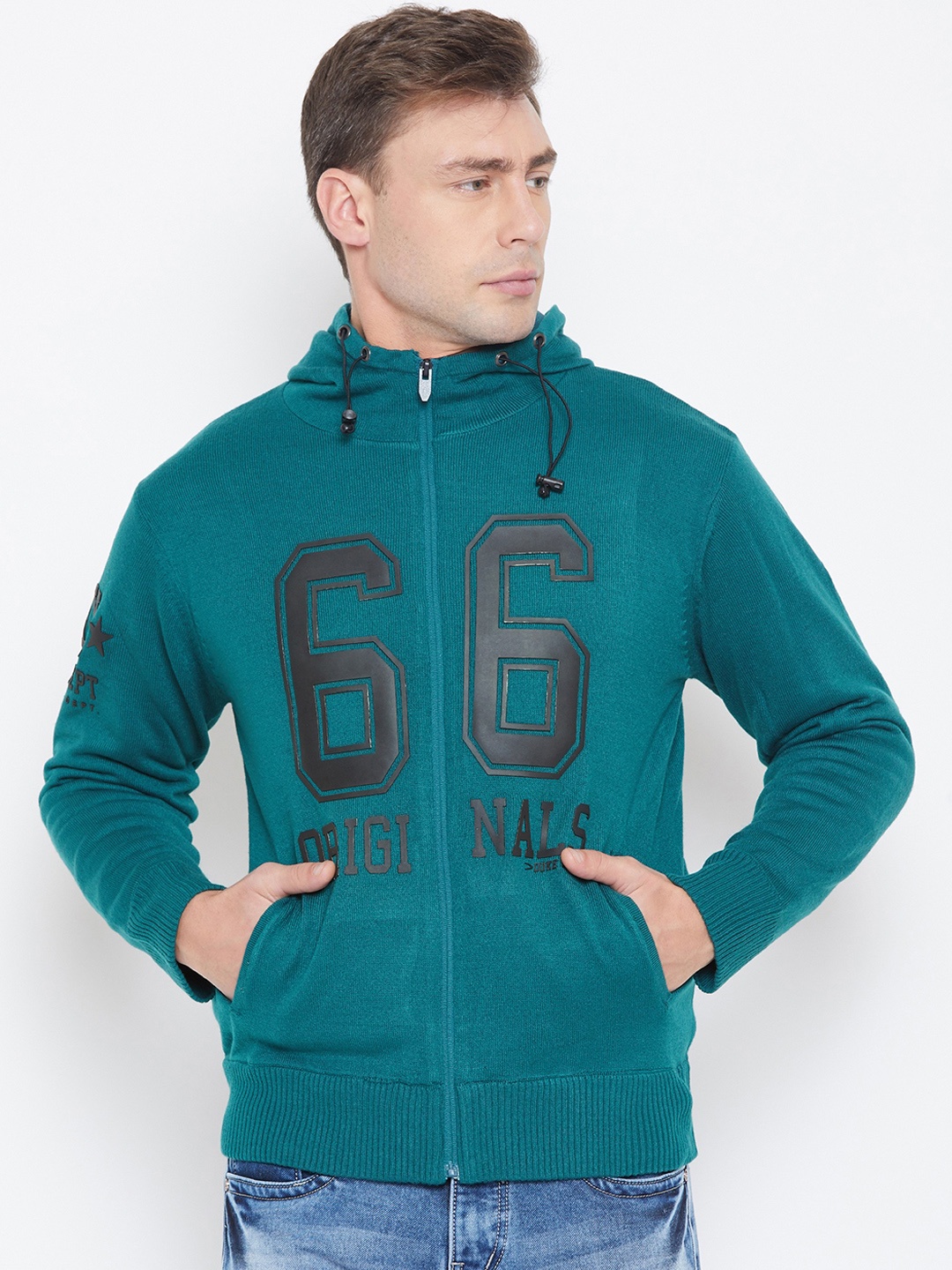 Duke Men Teal Blue Applique Detail Hooded Cardigan