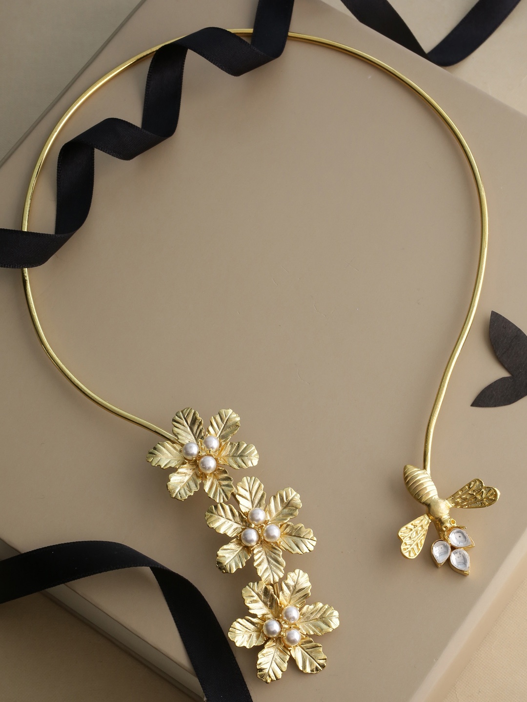 

Tistabene Gold-Plated Off-White Beaded Floral Open Necklace