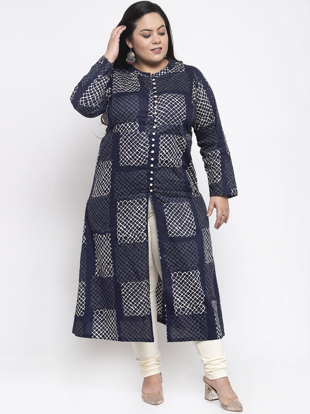

plusS Women Navy Blue & Off-White Printed A-Line Kurta