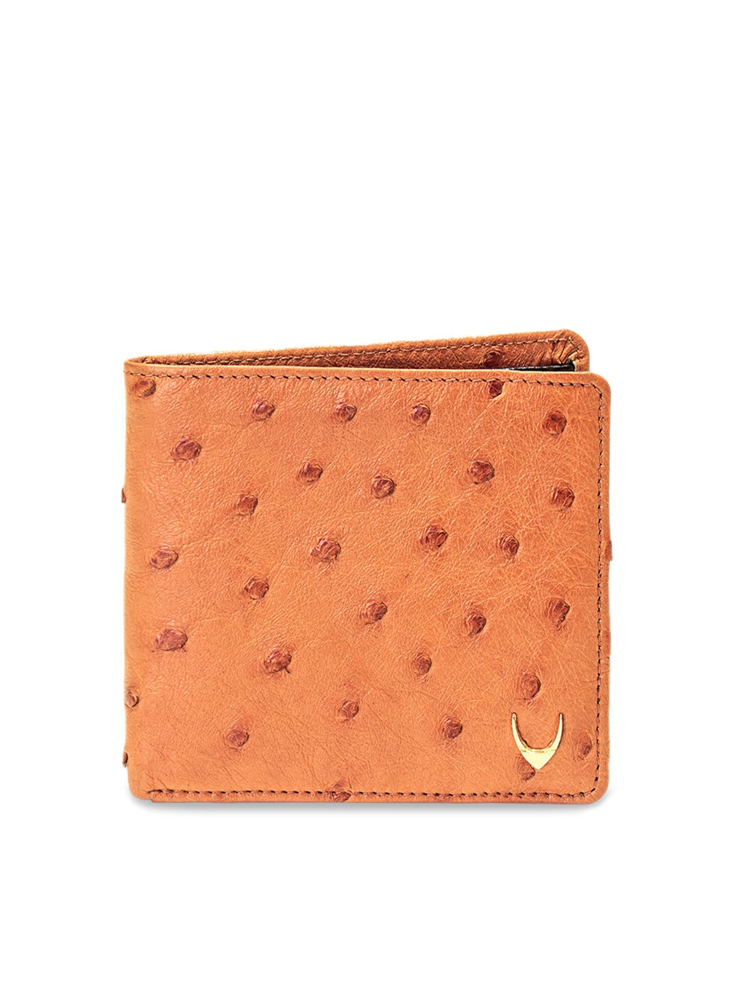 

Hidesign Men Tan Brown Textured Leather Real Ostrich With Horn Logo Plate Two Fold Wallet