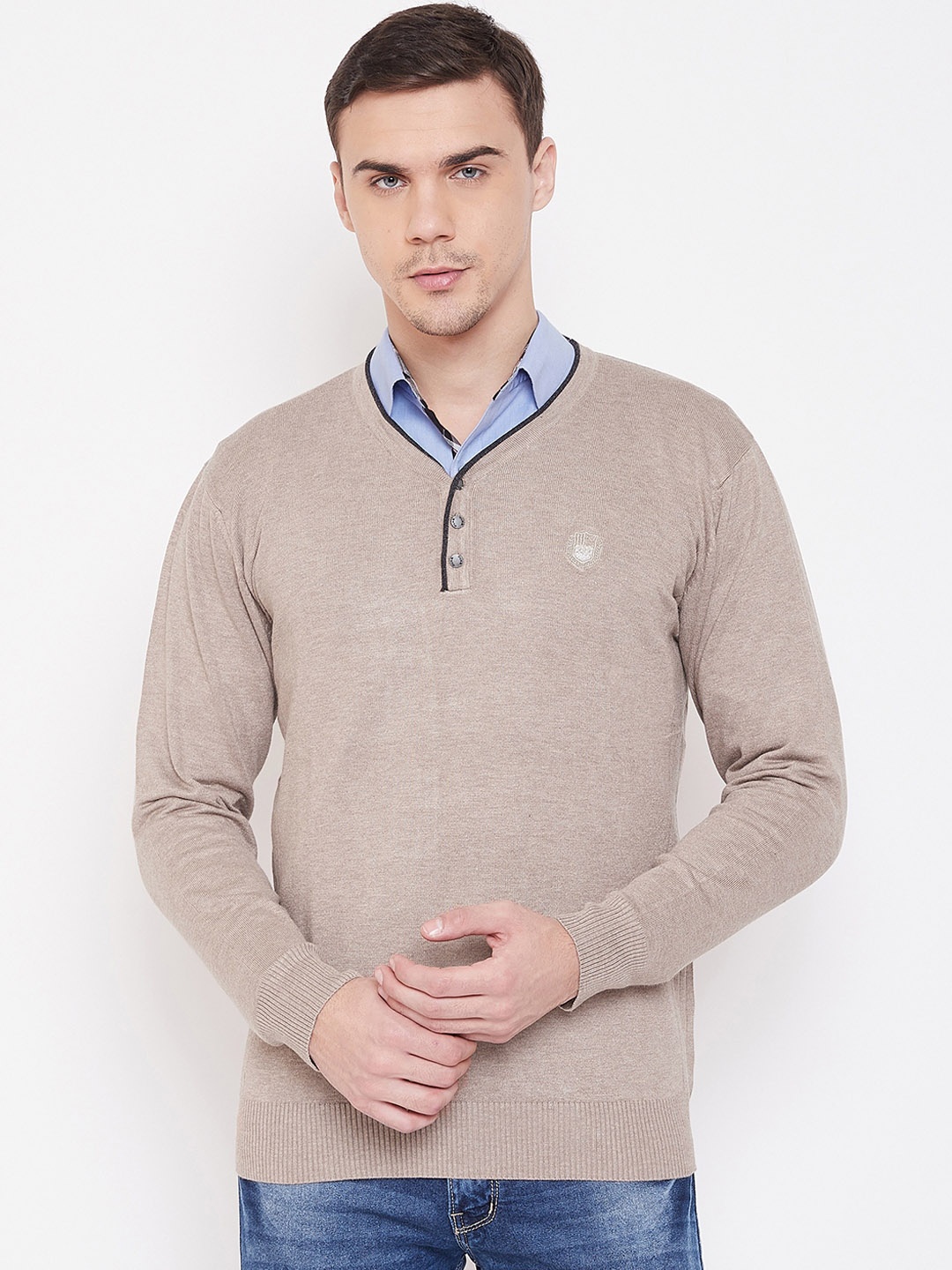 

Duke Men Beige Solid Pullover Sweater