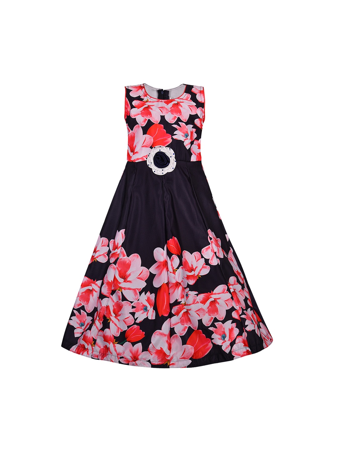 Wish Karo Girls Navy Blue Printed Fit and Flare Dress