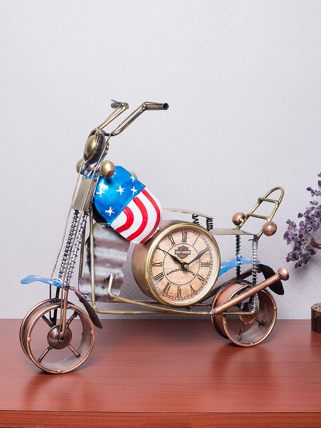 

Golden Peacock Gold-Toned & Silver-Toned Vintage Bike Shaped Handcrafted Table Clock Showpiece, Multi