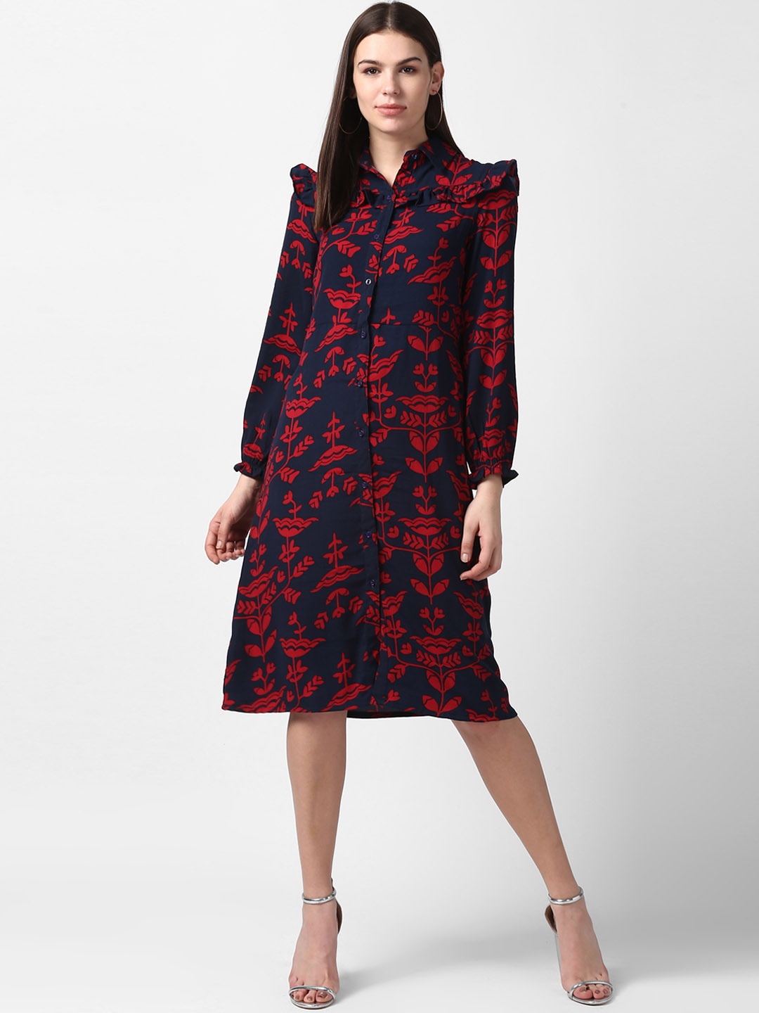 

StyleStone Women Navy Blue & Red Printed Shirt Dress