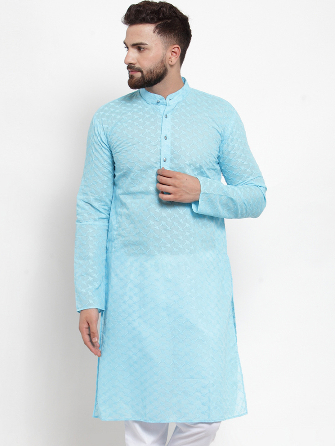 

Jompers Men Turquoise Blue Embroidered Straight Kurta