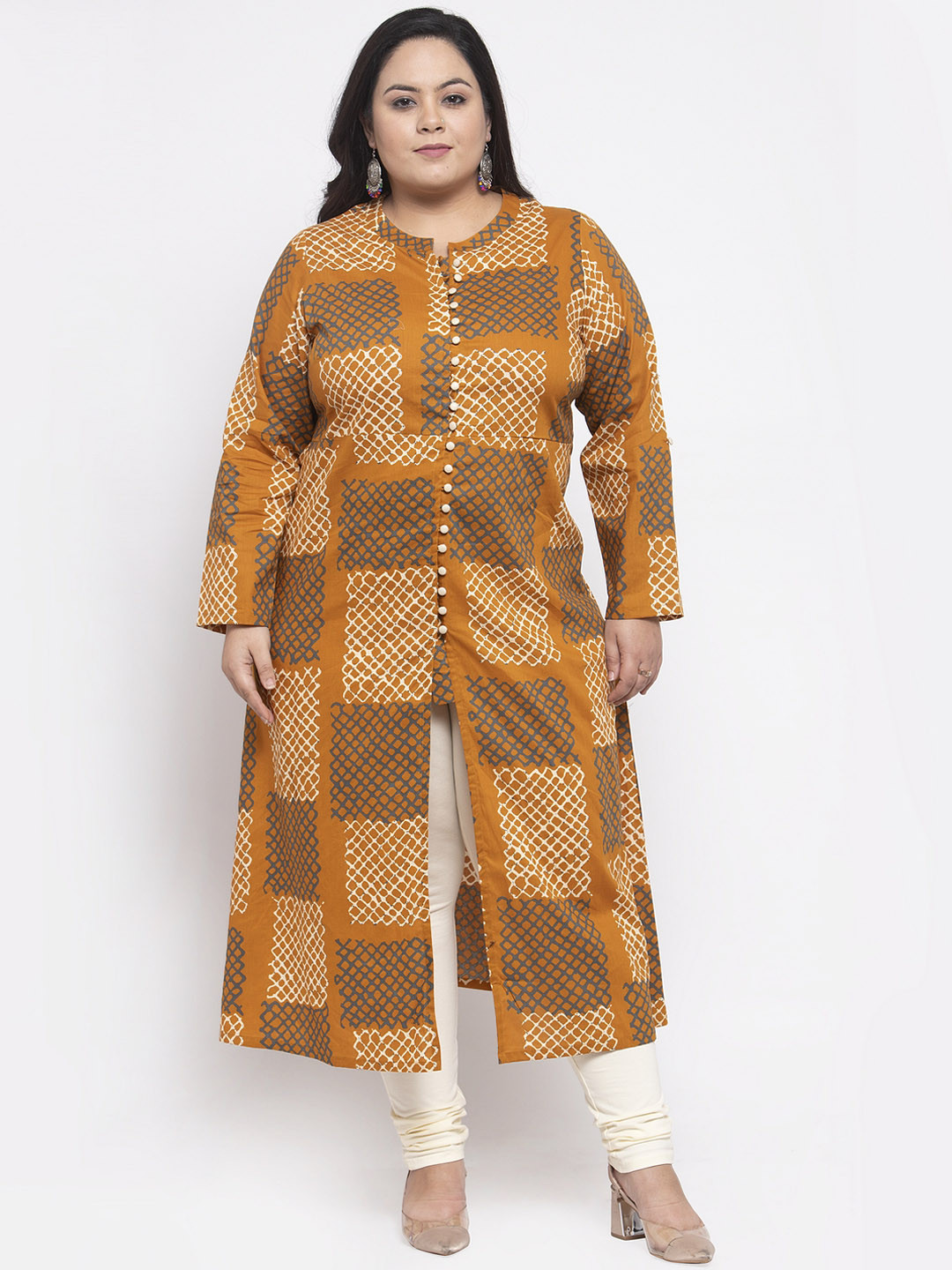 

plusS Women Mustard Yellow & White Printed A-Line Kurta