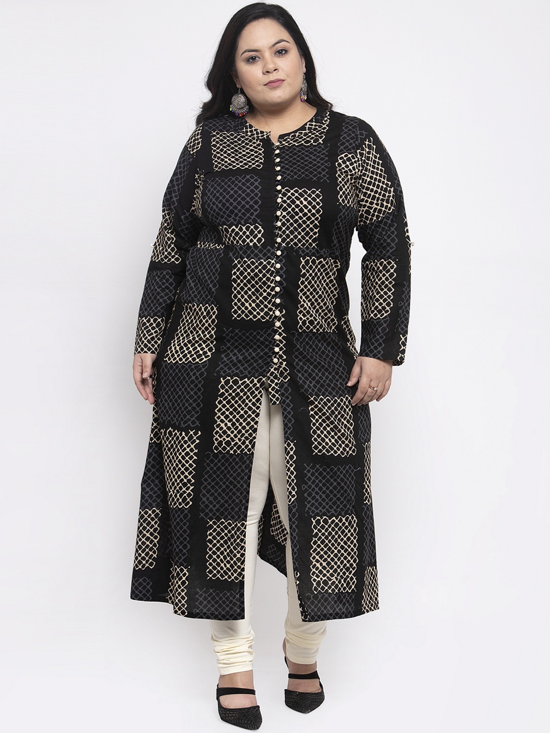 

plusS Women Black & Beige Printed A-Line Kurta