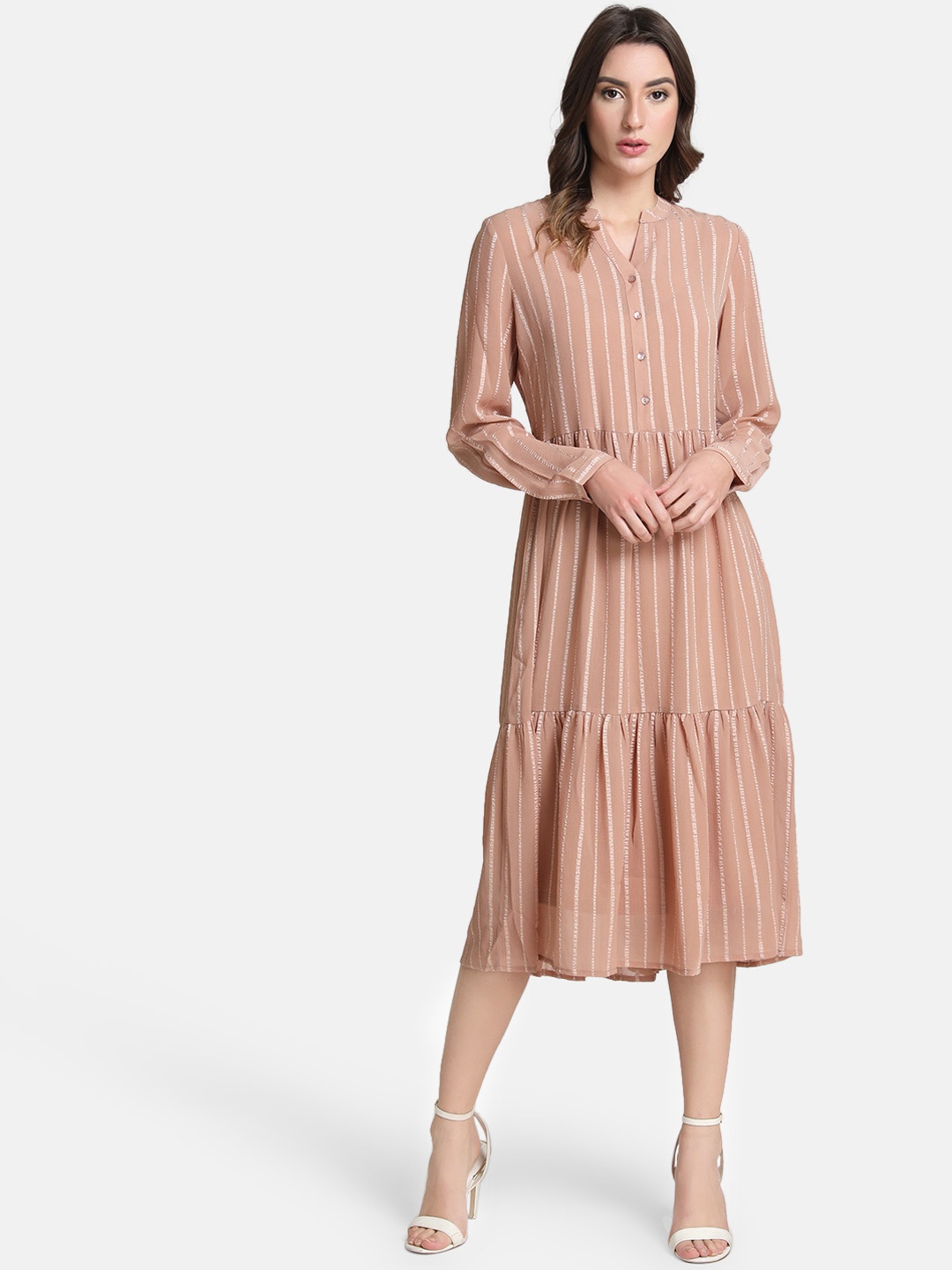 

Kazo Women Beige Striped Fit and Flare Dress