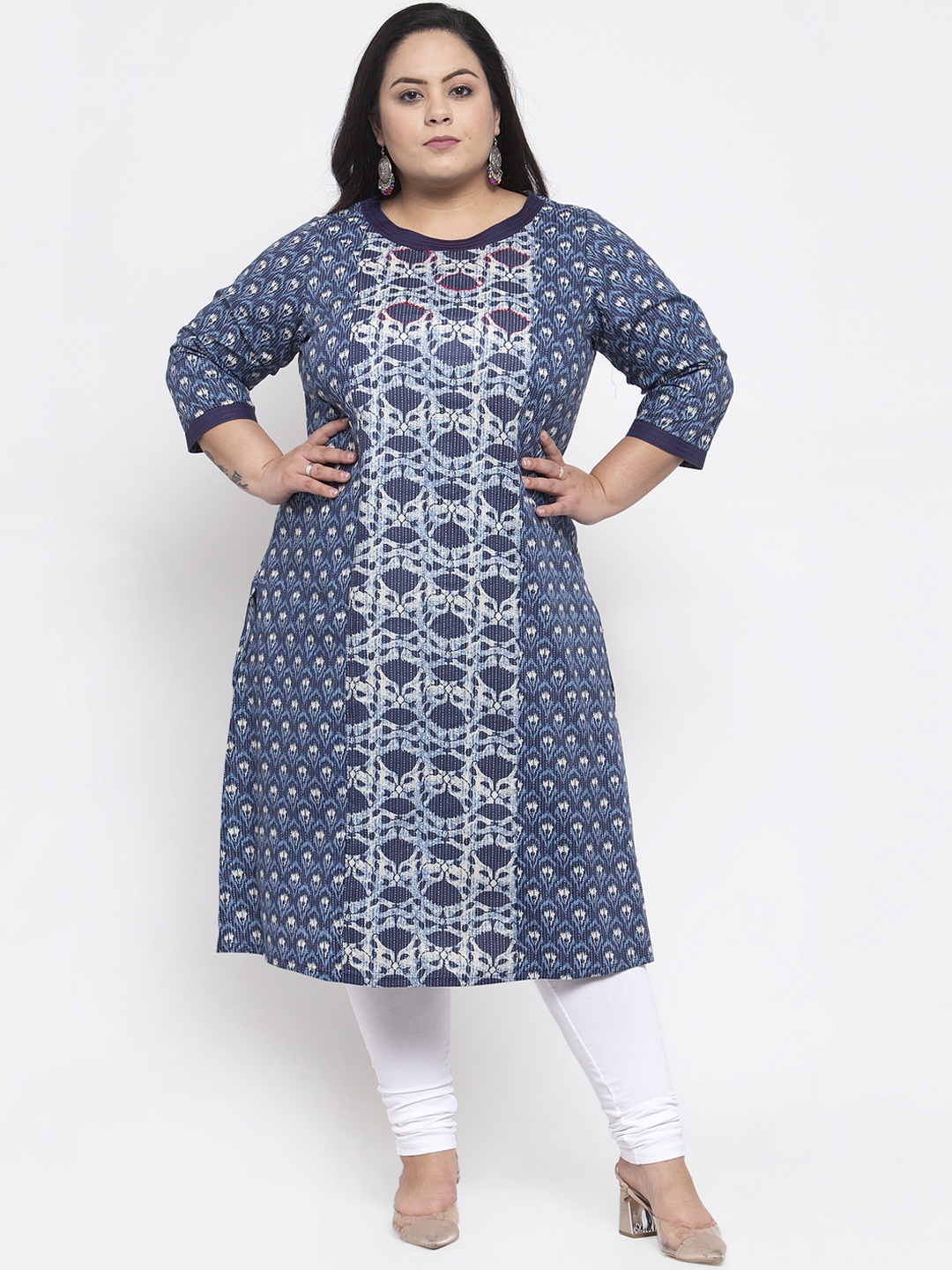 

plusS Women Blue & White Printed Straight Kurta