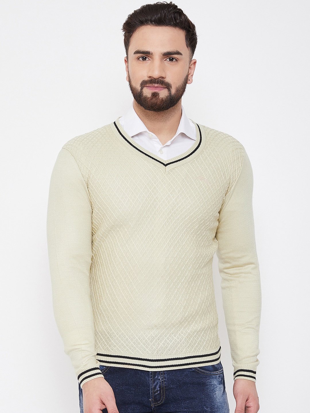 

JUMP USA Men Beige Self Design Acrylic Pullover