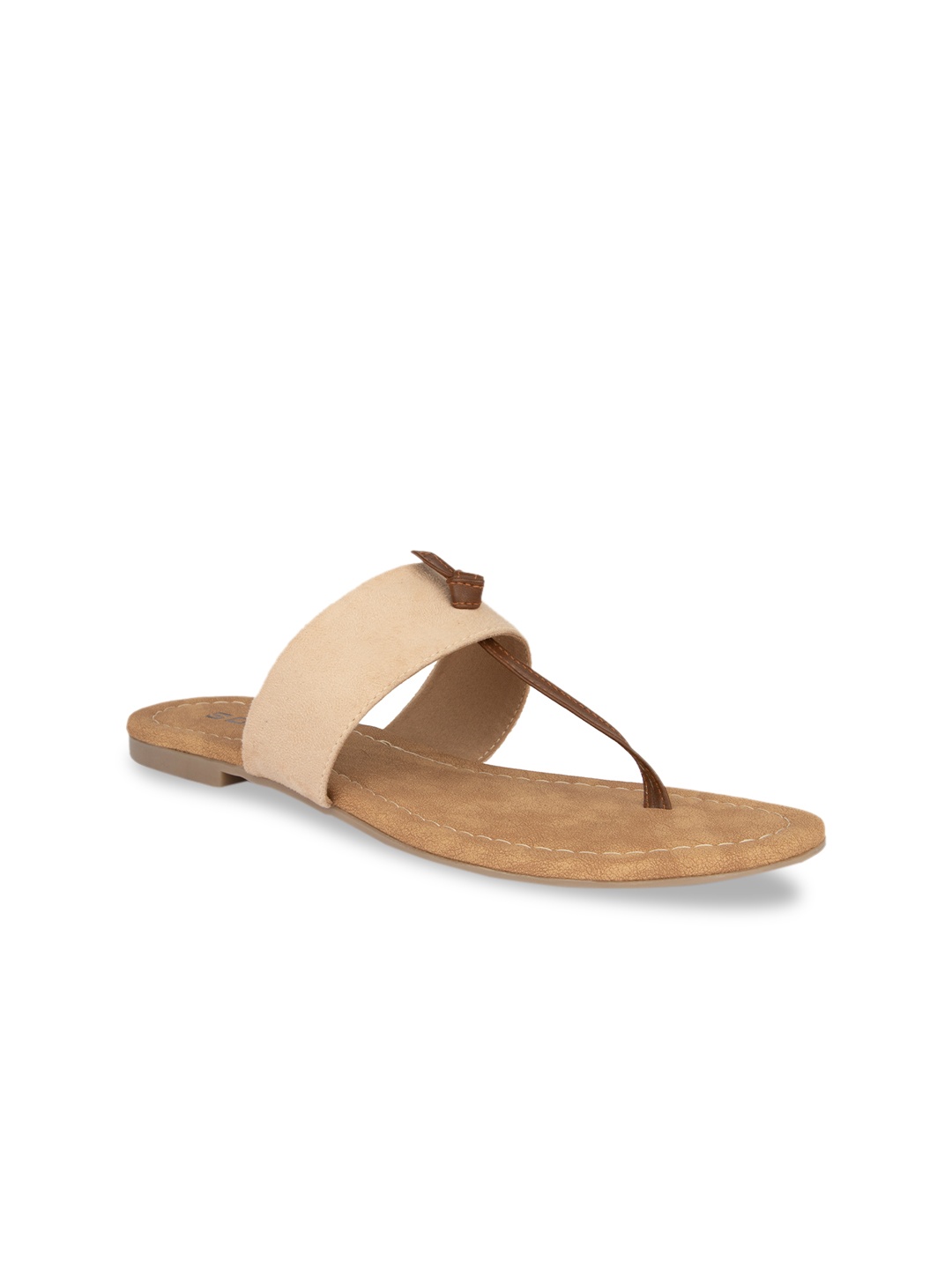

SOLES Women Beige Solid T-Strap Flats