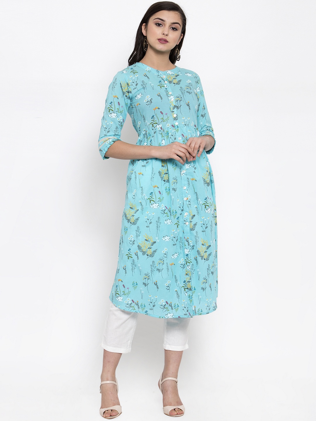 

Indibelle Women Blue Floral Print A-Line Kurta