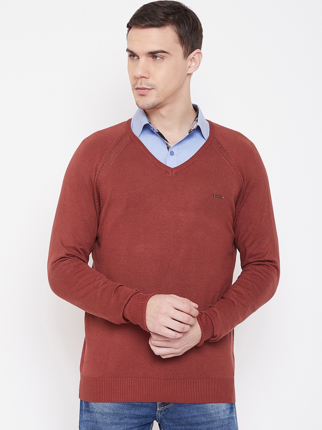 

Duke Men Rust Red Solid Pullover Sweater