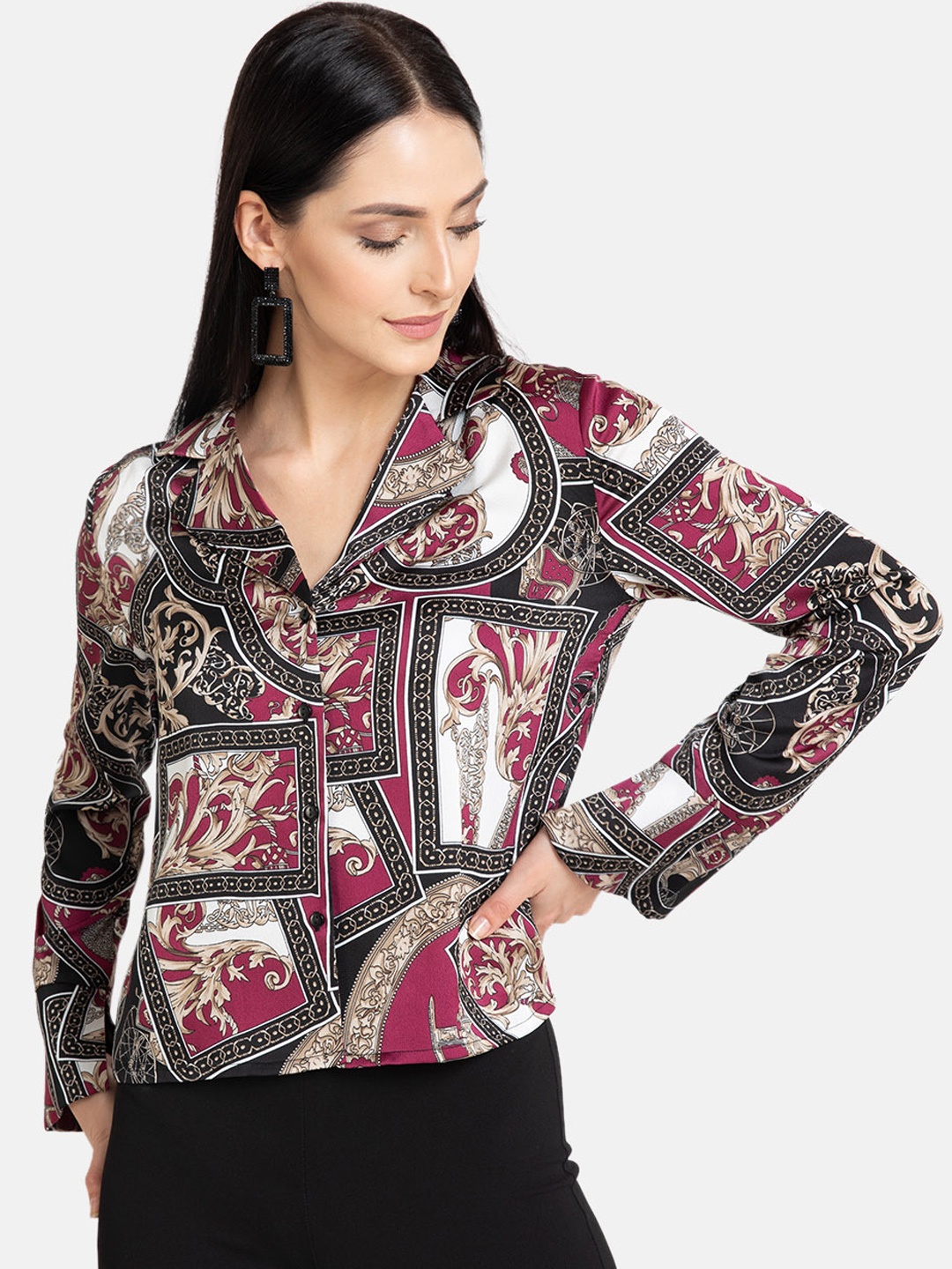 

Kazo Women Black & Maroon Regular Fit Printed Casual Shirt