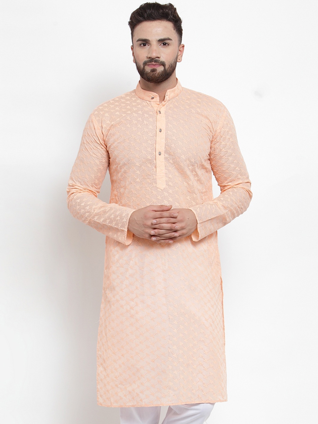 

Jompers Men Peach-Coloured Embroidered Straight Kurta
