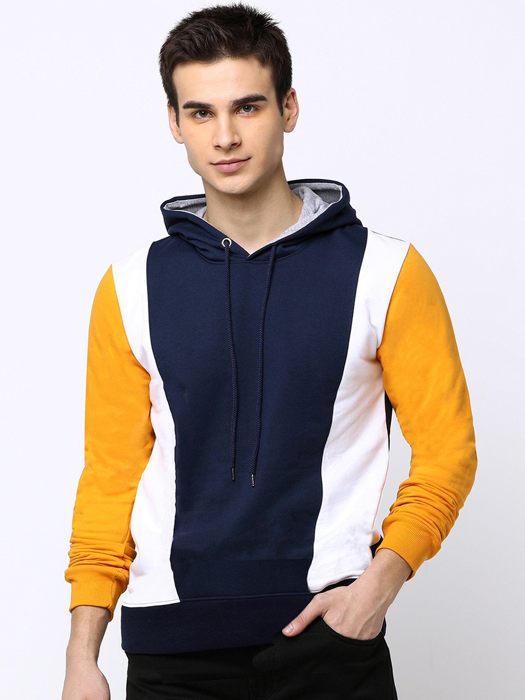 

Maniac Men Navy Blue Colourblocked Hooded Slim Fit Pure Cotton T-shirt