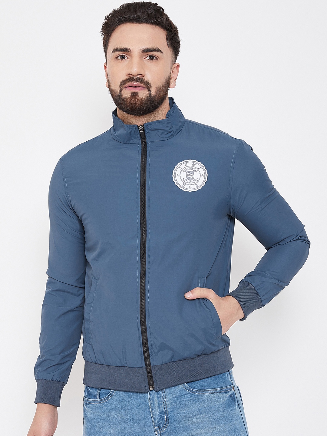 JUMP USA Men Blue Solid Bomber Jacket