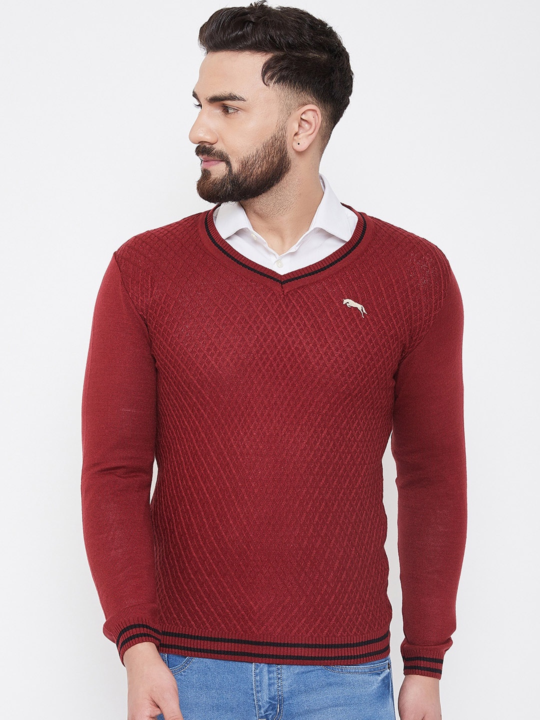 JUMP USA Men Maroon Self Design Acrylic Pullover