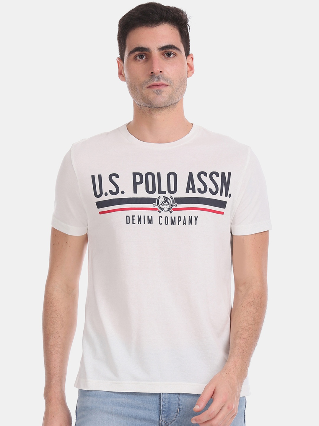 

U.S. Polo Assn. Men White Blue Printed Round Neck Pure Cotton T-shirt