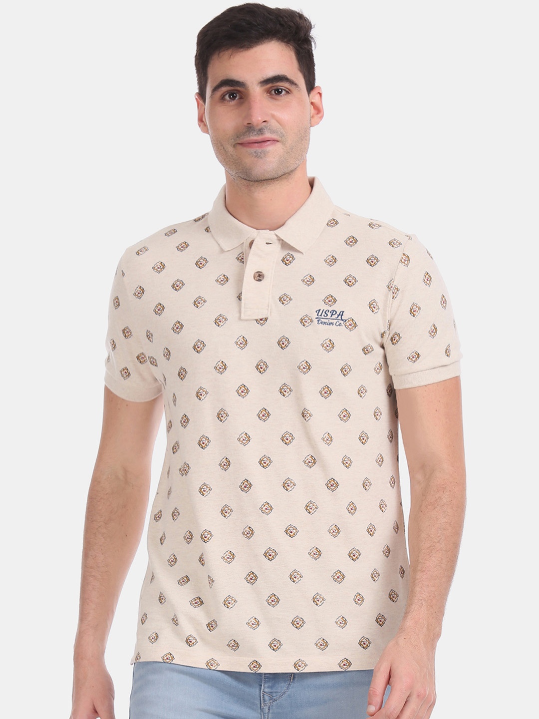 

U.S. Polo Assn. Men Beige Printed Polo Collar Pure Cotton T-shirt
