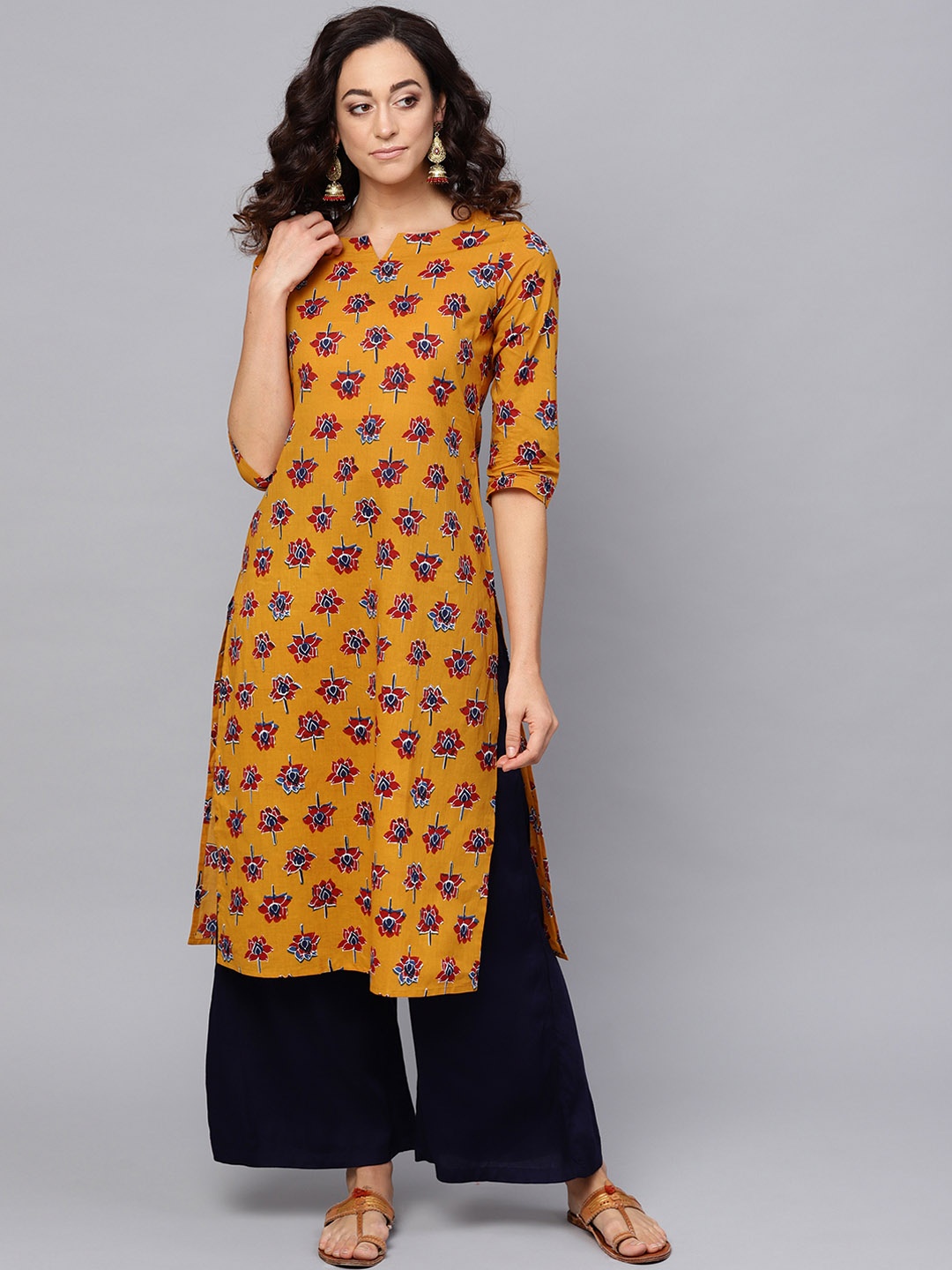 

anayna Women Mustard Yellow Printed Straight Kurta