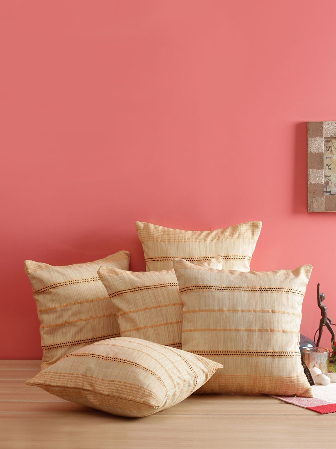 

ROMEE Beige Set of 5 Self Striped Square Cushion Covers