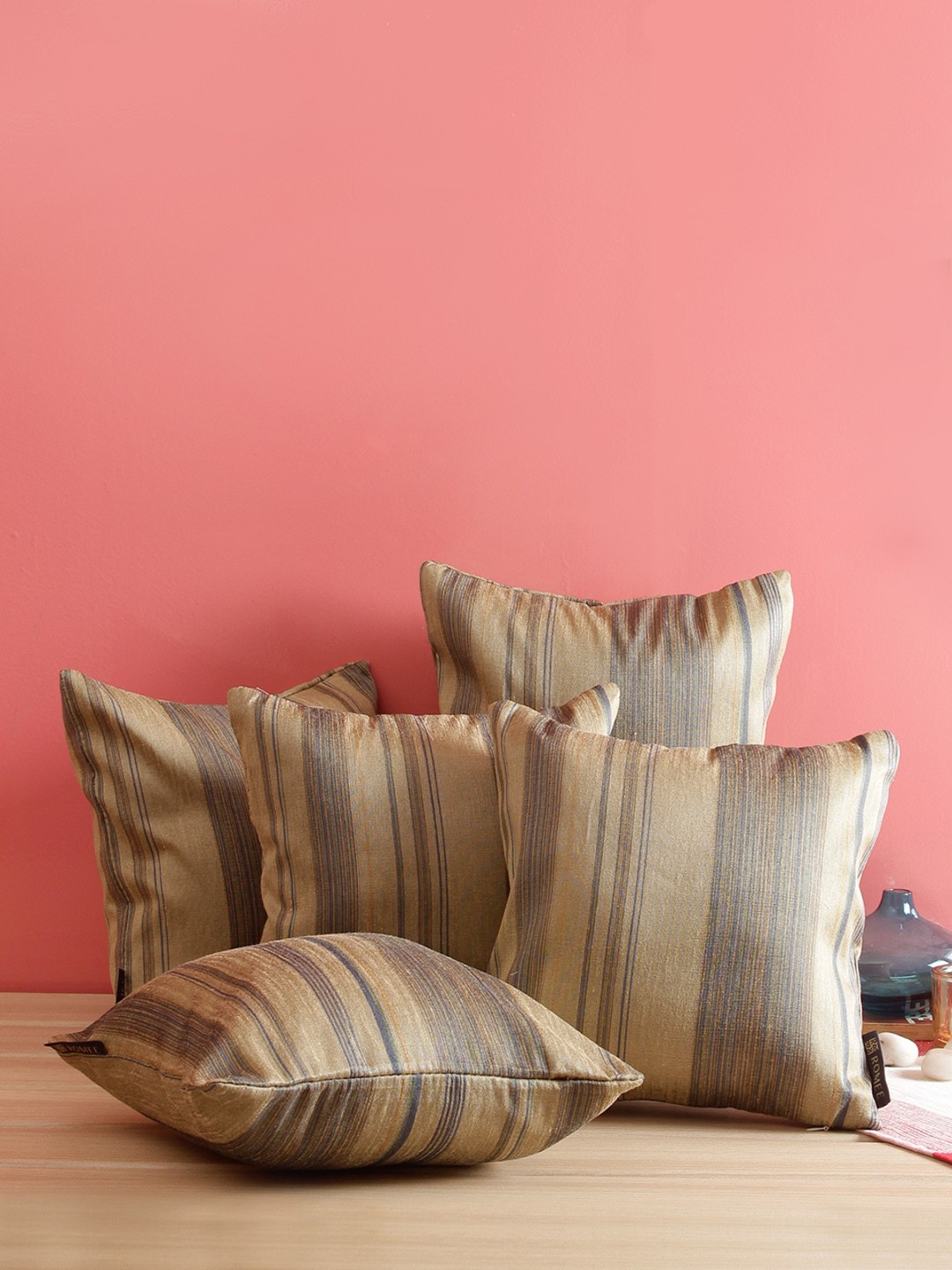 

ROMEE Beige & Blue Set of 5 Self Striped Square Cushion Covers