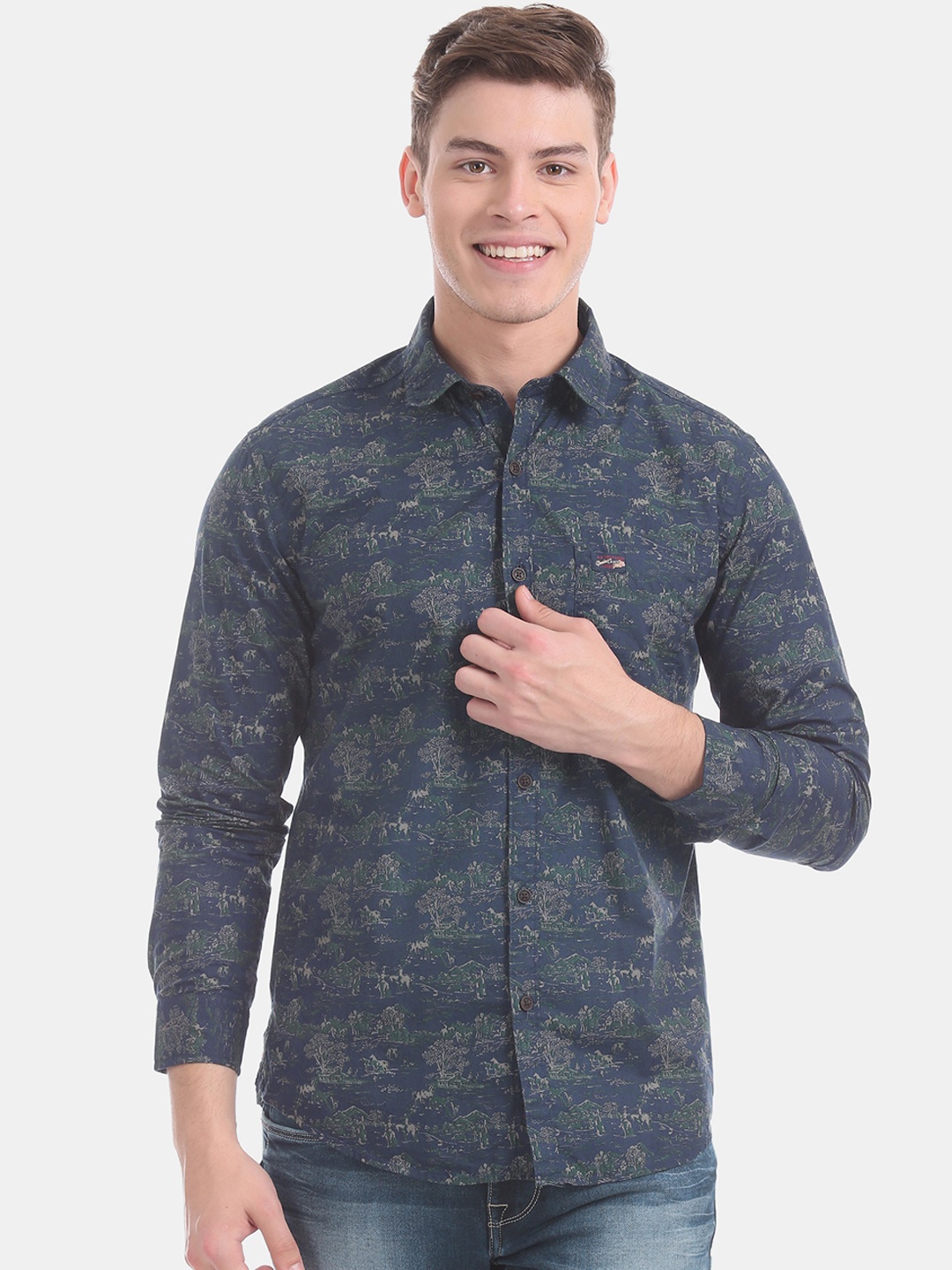 

U.S. Polo Assn. Men Navy Blue & Green Slim Fit Printed Casual Shirt