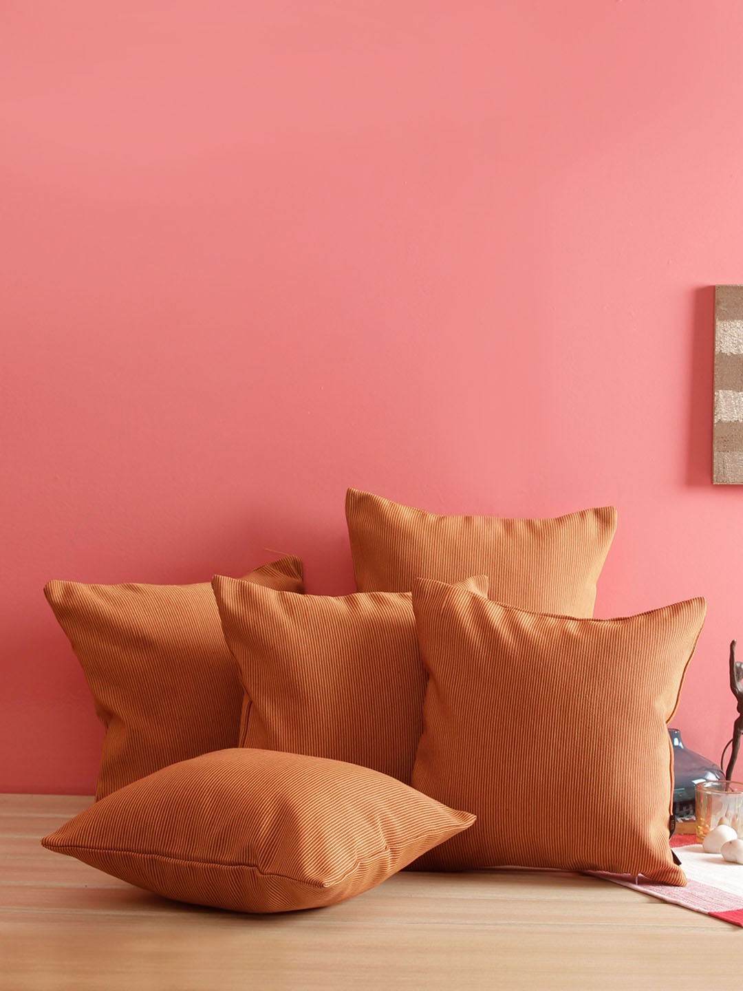 

ROMEE Orange Set of 5 Self Striped Square Cushion Covers
